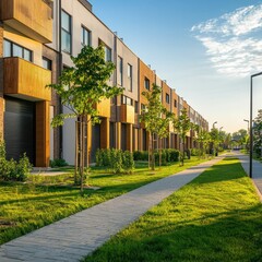 Modern townhouses line green sidewalks under a clear sky on a sunny day
