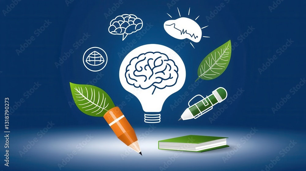 Poster conceptual featuring a brain lightbulb and nature elements like leaves representing the idea of crea