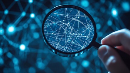 magnifying glass in hand on abstract technology node connection internet background, finding error bug
