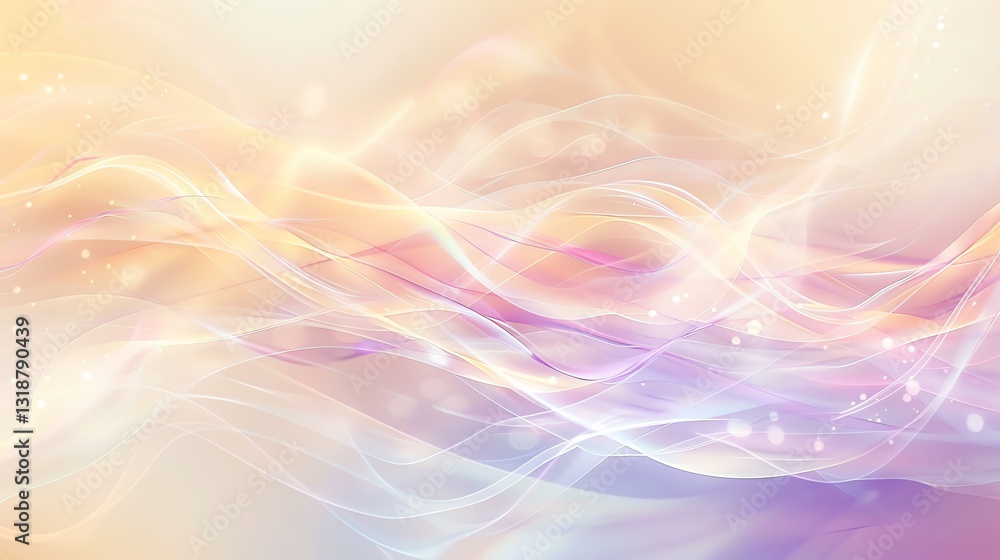 Sticker abstract background with wavy lines and light orbs in soft pink and yellow tones.