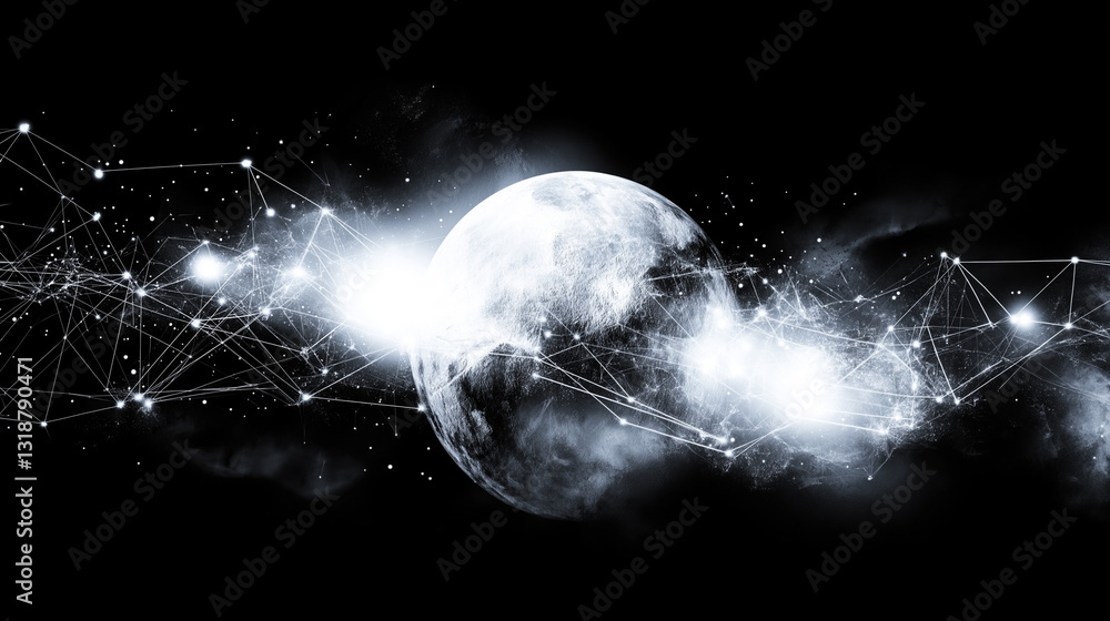 Poster celestial connections: a luminous illustration of the moon, surrounded by a network of interconnecte