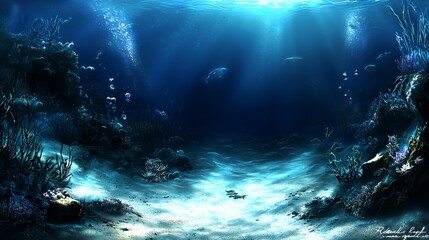 Fototapeta premium Submerged Underwater Scene with Blue Light Rays and Dark Coral Reef