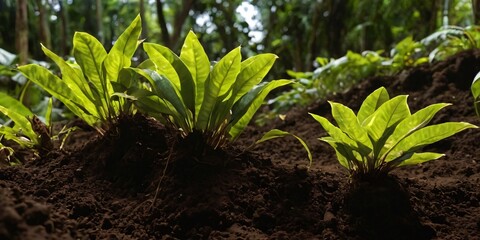 Young green plants growing in fertile soil under sunlight in a forest or garden