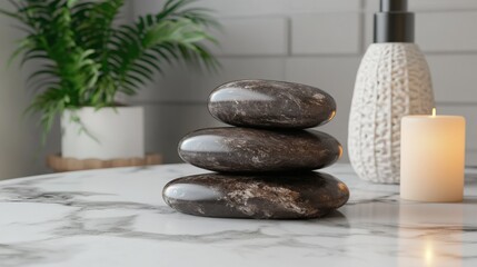 Tranquil arrangement of smooth stones atop a marble table with a candle and plant in background
