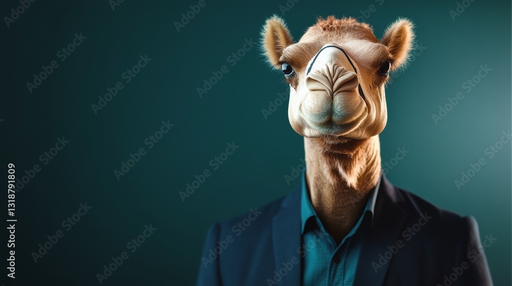 Poster man is wearing a suit and a camel mask. the man is smiling and looking at the camera