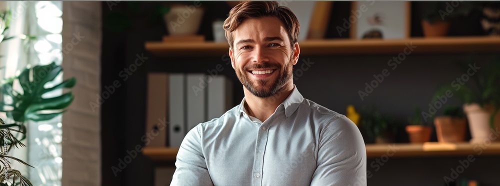 Poster man is smiling and posing for a picture in front of a shelf with potted plants. concept of happiness