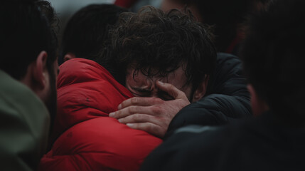 Emotional embrace after a traumatic and dramatic event – Deep sorrow, fear, and human resilience in a moment of intense grief