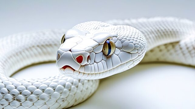A white snake with blue eyes is shown in the image