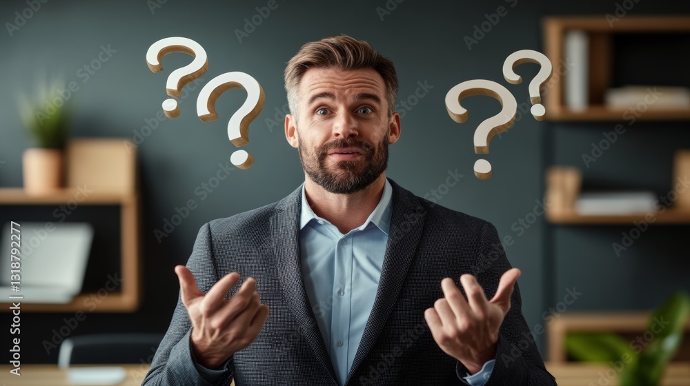 Poster man in a suit is standing in front of a wall with two question marks. he is looking at the wall and 
