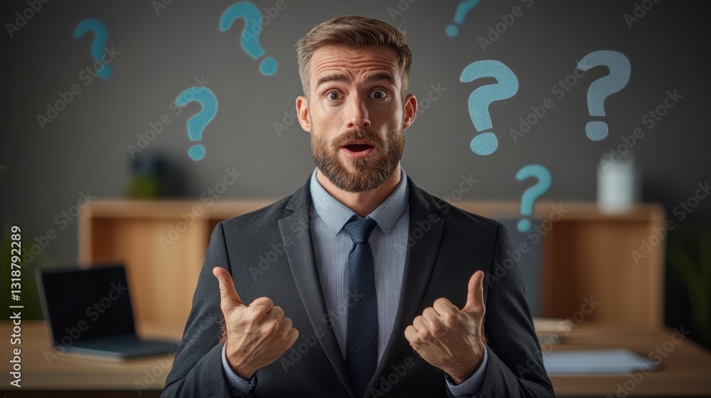 Poster man in a suit is giving thumbs up to a question mark. concept of curiosity and uncertainty
