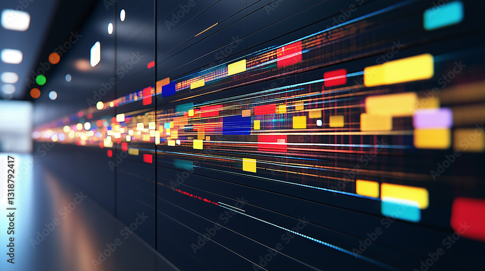 Poster digital data stream: a vibrant stream of data flows through a modern server room, illustrated with c