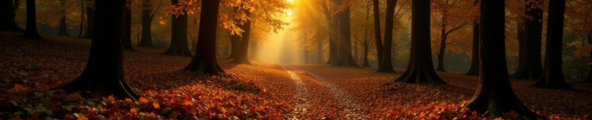 Obraz premium Forest path winds through a sea of golden leaves, high peak wilderness, woodland backdrop, deciduous trees