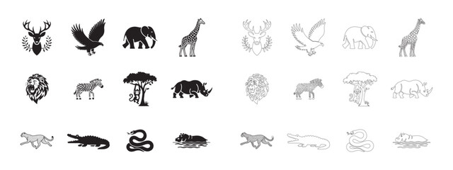 Fototapeta premium Wild Animals and Safari Icons Set. Editable minimalist and outline vector icons. 