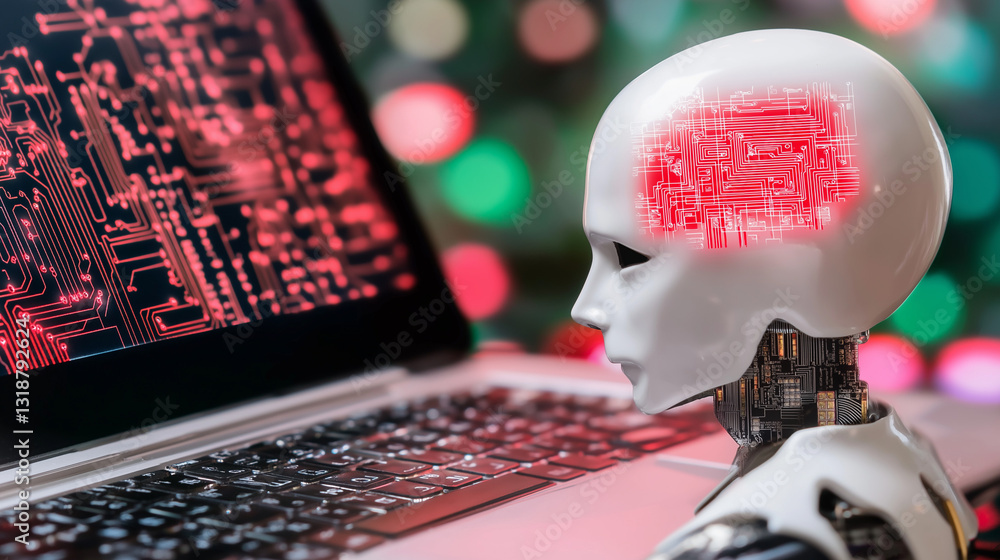 Poster digital intelligence: a robot with a glowing brain contemplates data, as the cutting-edge laptop dis