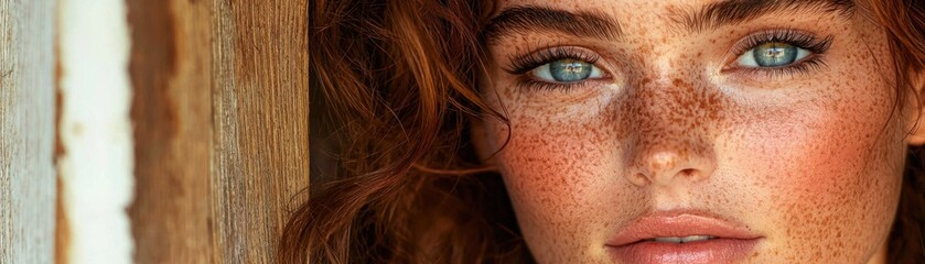Fototapeta premium Capture the Essence of Natural Beauty Witness a radiant woman bathed in soft morning light on a makeup-free face, showcasing organic beauty and a captivating glow This stunning close-up portrait