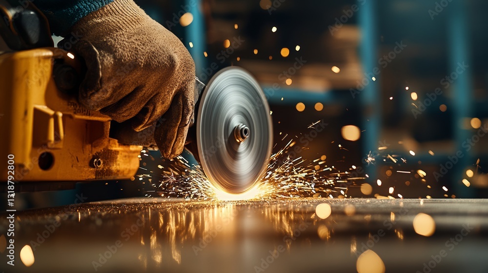 Poster man is using a power tool to cut a piece of wood. concept of power and precision, as the man skillfu