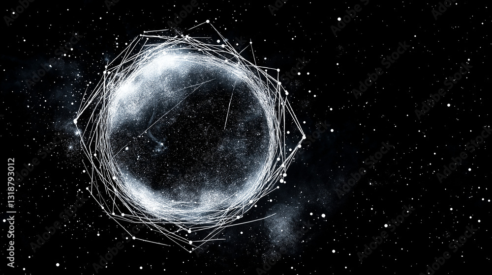 Poster celestial nexus: an ethereal sphere of light, interwoven with geometric patterns and intricate lines
