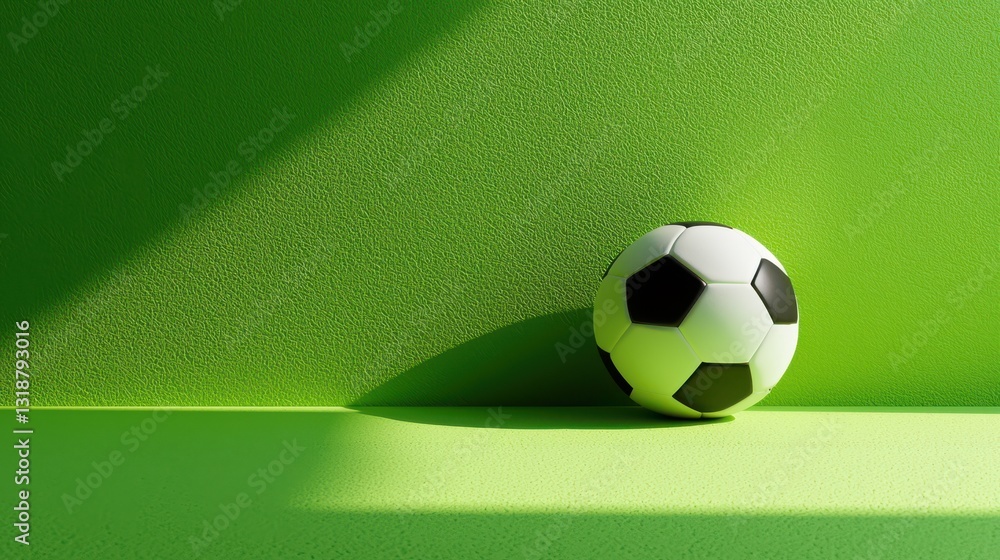 Poster minimalist 3d rendering of a football on a green background with soft shadows and textured surfaces