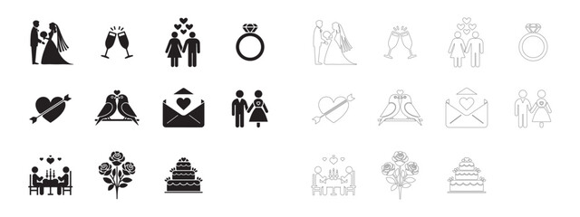 Wedding and Romance Icons Set. Editable minimalist and outline vector icons.