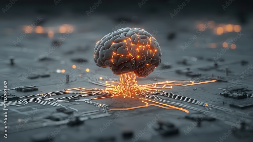 Poster surreal digital depicting a brain tree hybrid a metaphorical fusion of organic growth and technologi