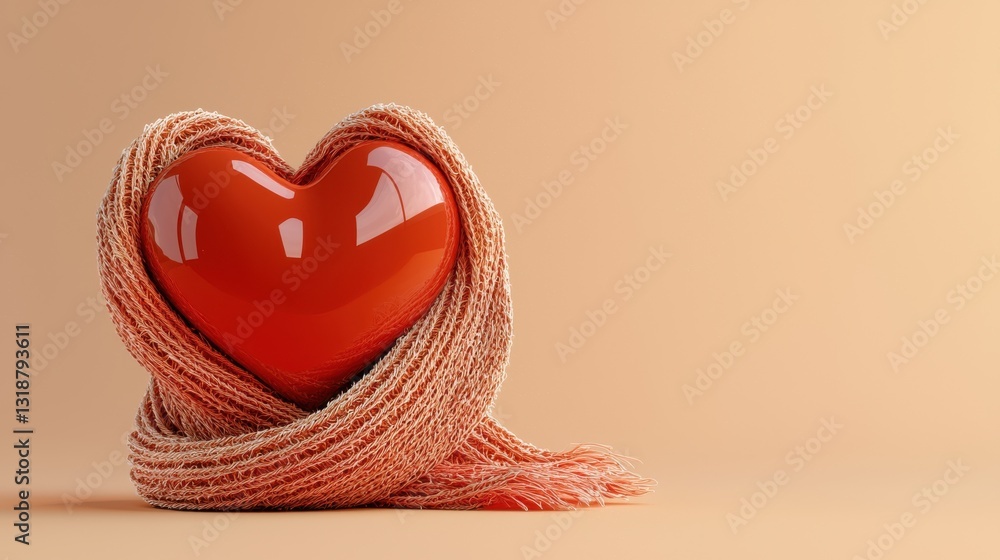 Poster minimalist 3d rendering of a heart wrapped in soft fabric on a neutral background