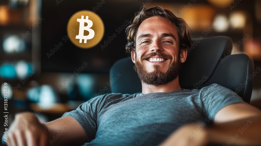 Poster man is sitting in a chair with a large b on his head. he is smiling and he is happy