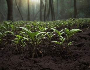 Young green plants growing in fertile soil under sunlight in a forest or garden