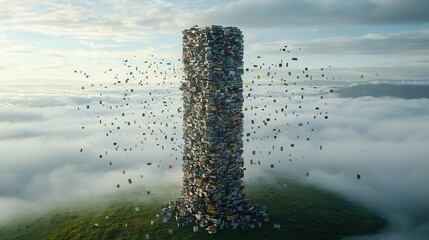 Surreal dreamscape of floating books spiraling and levitating amongst misty ethereal clouds in a serene whimsical landscape  This conceptual imaginative scene evokes a sense of tranquility wonder