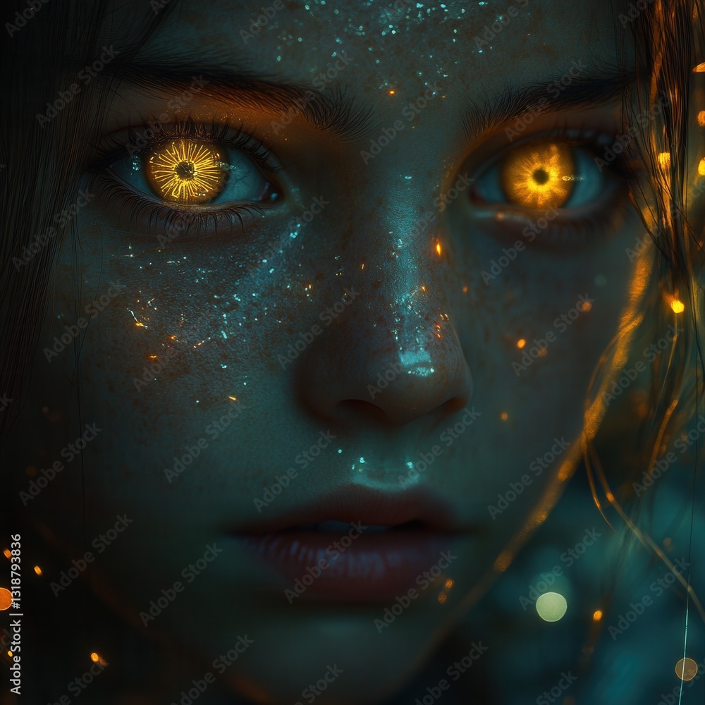Poster captivating and mesmerizing digital art portrait of a child with fiery golden features and a glowing