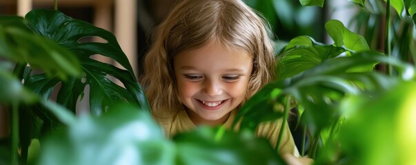 Captivating image of a young girl smiling and engaging with interactive digital learning on a tablet, surrounded by lush green plants Explore the joy of learning through educational apps tailored for