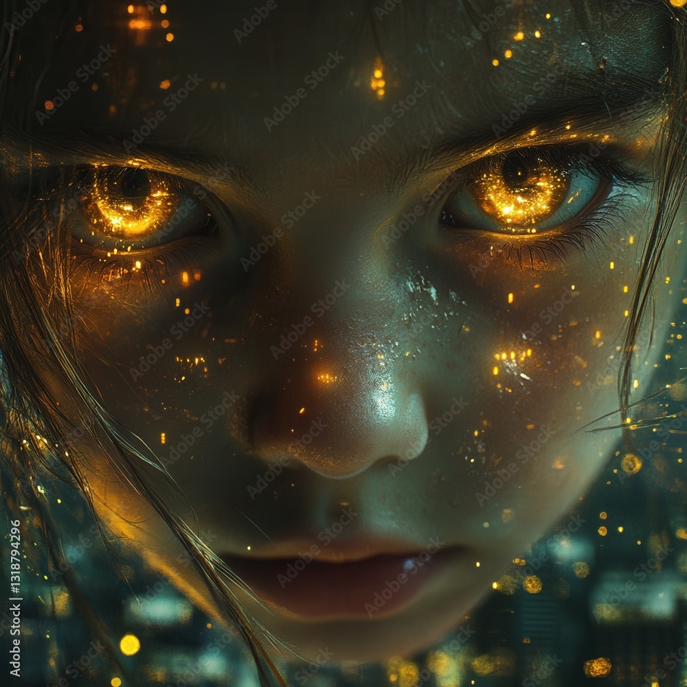 Aufkleber captivating surreal portrait of a child with fiery golden features and a mysterious otherworldly exp