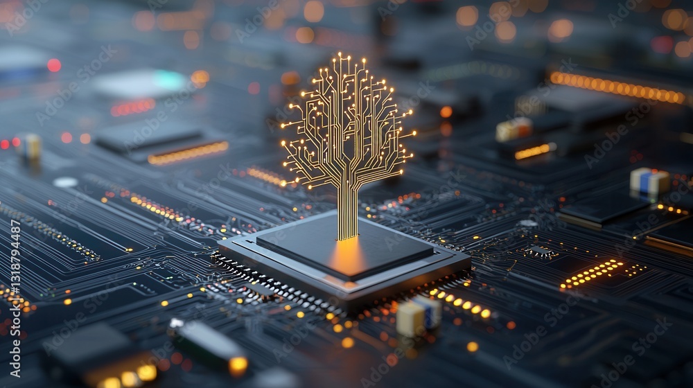 Aufkleber a striking digital artwork depicting a symbolic cybernetic tree composed of sleek golden circuit pat
