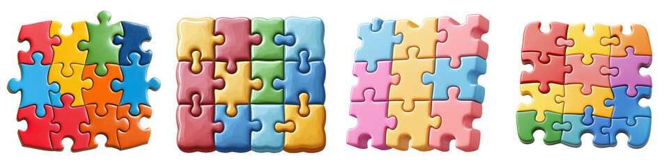 Obraz premium Colorful puzzle pieces arranged harmoniously on transparent background