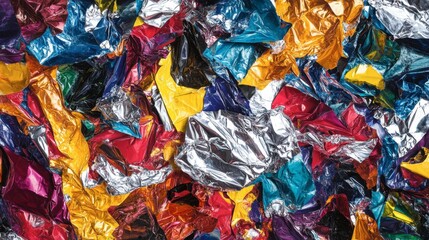 Shiny aluminum foil crumpled into chaotic patterns with bold, high-contrast psychedelic colors