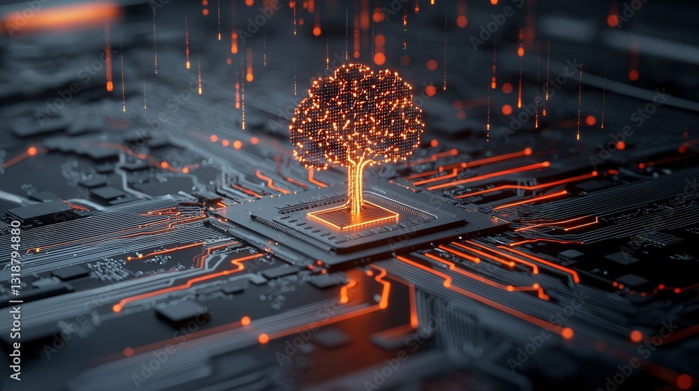 Poster symbolic representation of technology and wisdom through a futuristic digital tree a 3d rendered ima