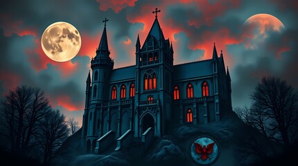 Fototapeta premium Gothic Mansion under Moonlight: A spooky gothic mansion sits atop a hill under a vibrant, moody sky filled with the glow of the full moon. capturing the gothic architecture and eerie atmosphere.