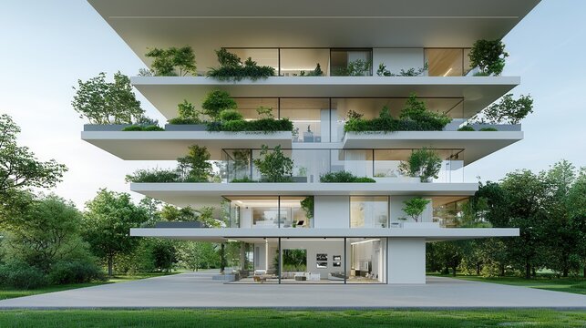 Sustainable high rise residential building designed with integrated greenery balconies and outdoor living spaces to promote eco friendly and nature centric urban living