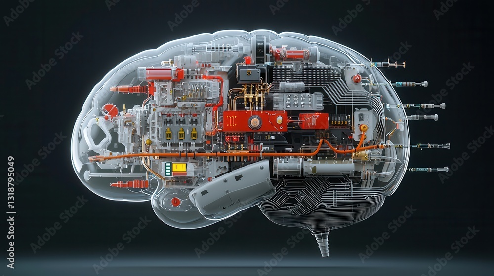 Poster Detailed 3D rendering of a symmetrical transparent cyber brain structure that blends digital technology and mechanical engineering in a steampunk inspired design  This futuristic