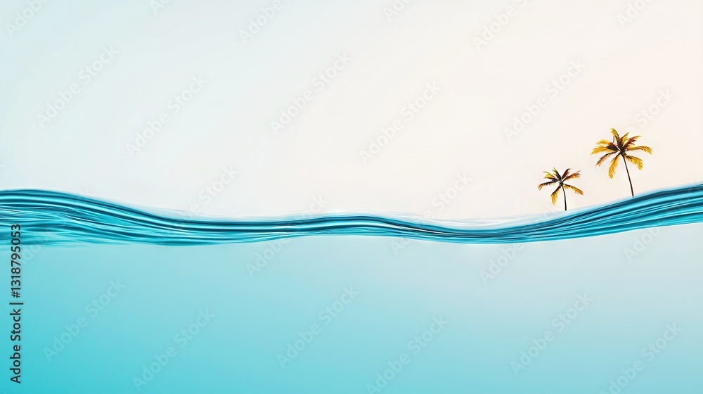 Wall mural a few palm trees rest atop a wave in the heart of the ocean on a bright day