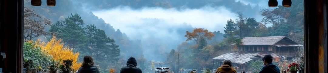 Fototapeta premium Scenic view from a guesthouse window overlooking foggy mountains and a quaint village. Generative AI