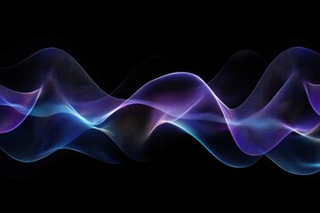 Abstract swirling lines. Blue, purple waves on black. Delicate, transparent, ethereal