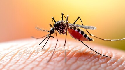 A mosquito is biting or sucking blood on a human arm. Campaign to prevent mosquito-borne dengue diseases. Suitable for marketing or business purposes