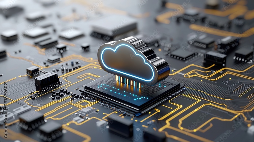 Poster cutting edge cloud computing representation showcasing a futuristic circuit board design with digita