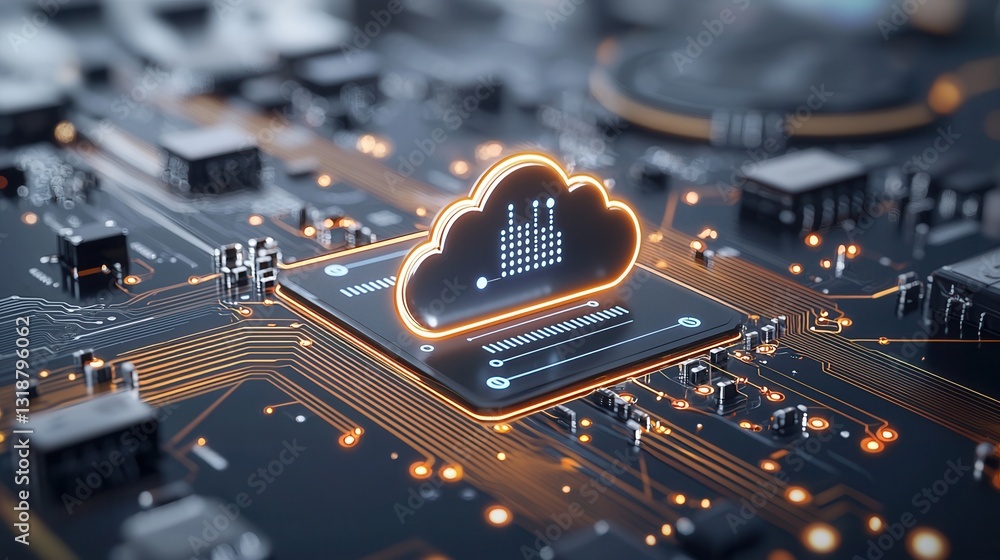 Poster ultra modern cloud computing representation with a futuristic circuits and networking backdrop