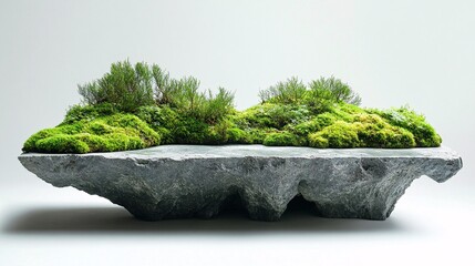 Green moss and small plants grow on a stone sculpture