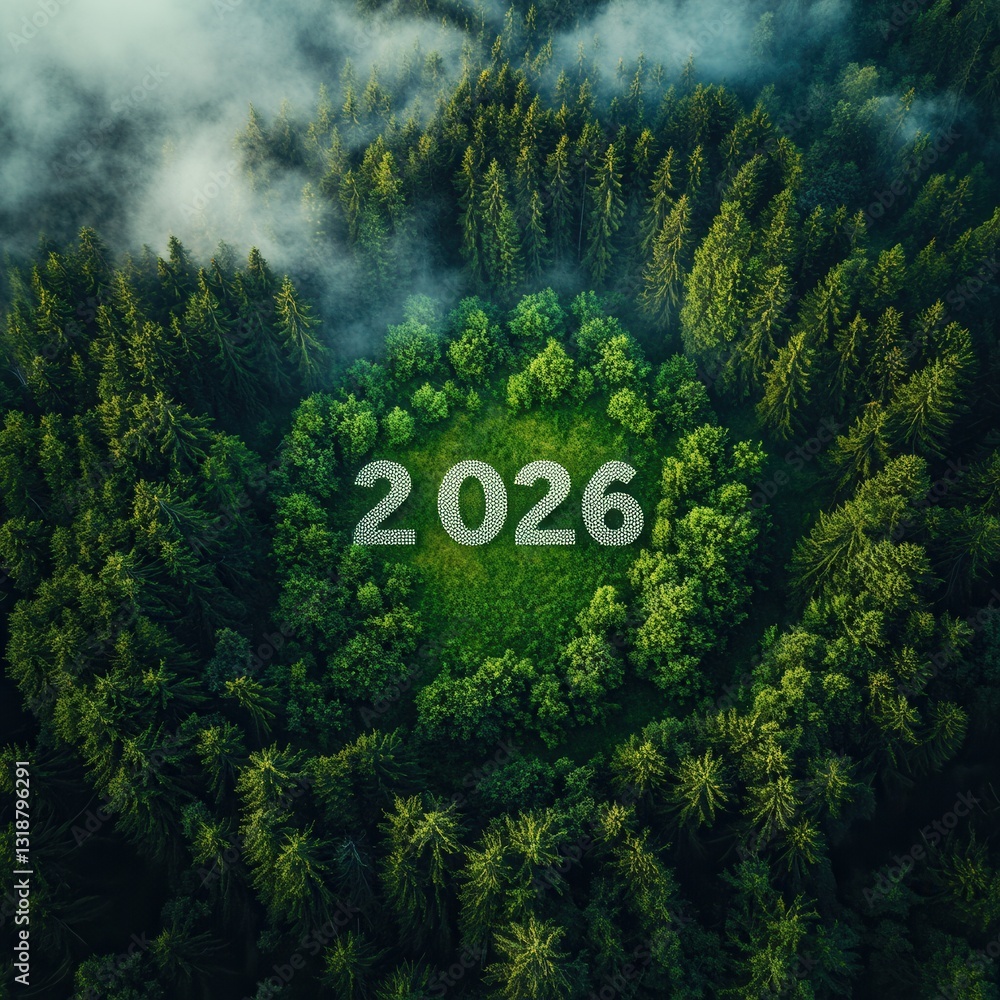 Poster aerial view of a lush verdant forest with trees and foliage enveloped in a gentle mist with the year