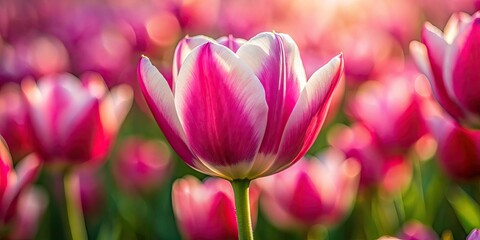 Fototapeta premium Pink and white tulips silhouette against a field of pink, a springtime botanical close-up.