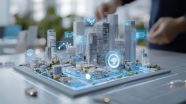 Sleek Silver Smart City Model with Futuristic Digital Visualization of an Ultra Modern Urban Landscape  This image showcases a detailed 3D model of a futuristic city with advanced infrastructure