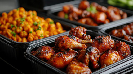 Chicken factory, Deliciously prepared chicken wings and chickpeas in meal containers.