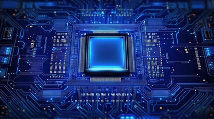 Fototapeta premium Blue circuit board with glowing electronic chip in center, symbolizing advanced technology and global network security, macro lens capture, intricate details of printed circuits and microchips,